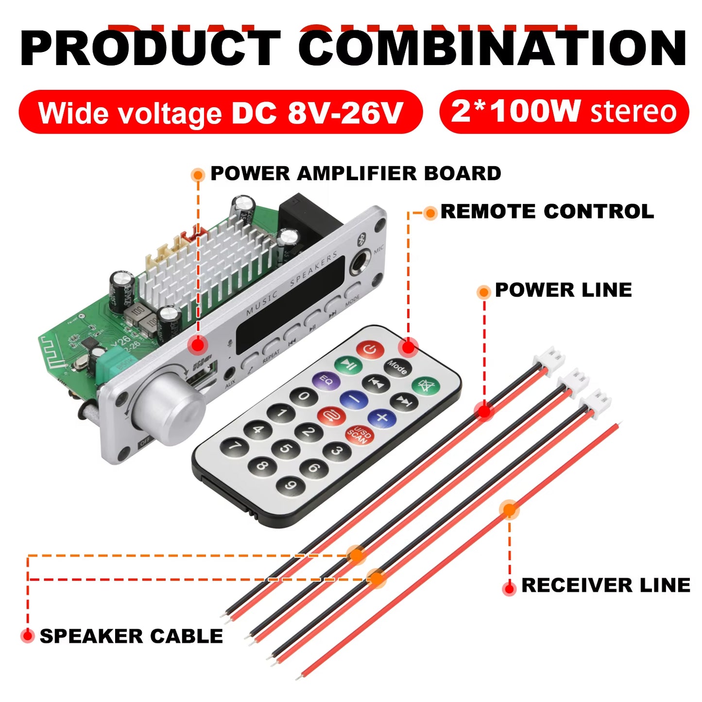 NEW 200W Amplifier Bluetooth DIY MP3 WAV Decoder Board DC 12V 100W Wireless Car USB MP3 Player TF Card Slot USB FM with Mic