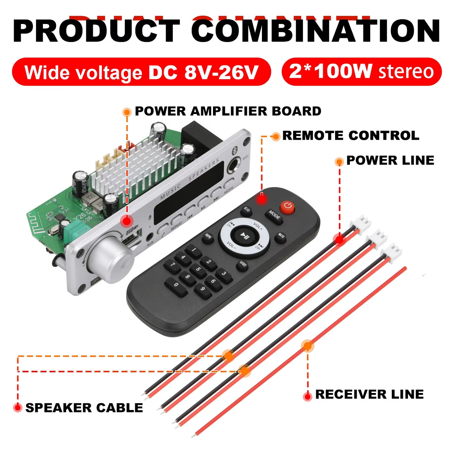 NEW 200W Amplifier Bluetooth DIY MP3 WAV Decoder Board DC 12V 100W Wireless Car USB MP3 Player TF Card Slot USB FM with Mic